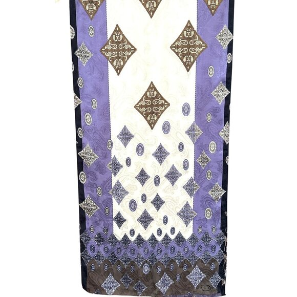 Vintage Oscar de la Renta Purple Tan Paisley Geometric Printed Scarf Hand Rolled - Picture 1 of 3